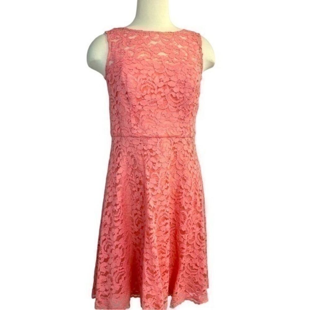 Coral Sleeveless Dress all over lace Women’s size 8 floral prom David’s Bridal